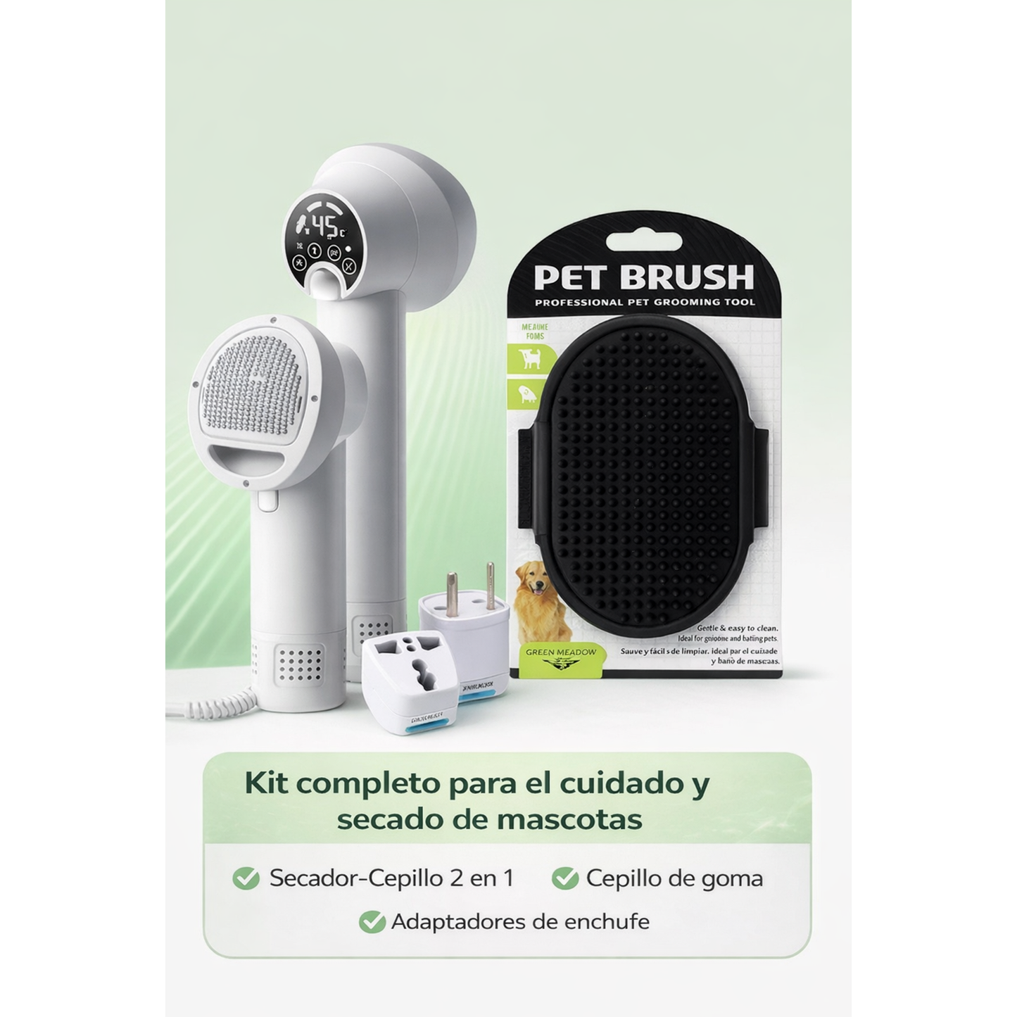 Contenido de la versión Kit del GroomDry 2-en-1: secador-cepillo, cepillo de goma y adaptadores incluidos.