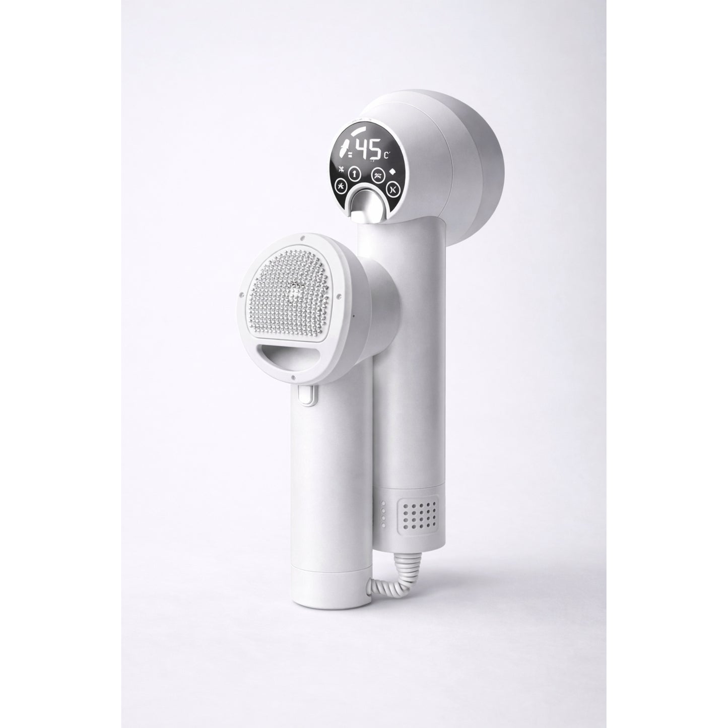 GroomDry 2-en-1 en vista 3/4 sobre fondo claro, detalle del diseño y acabados