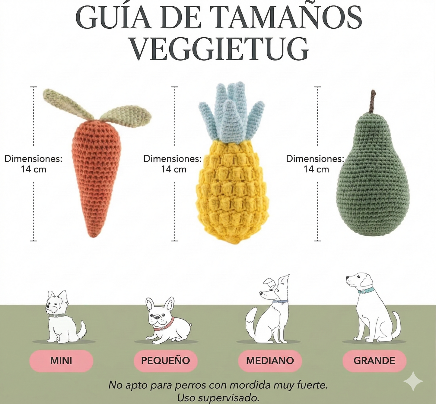 Infografía premium con la dimensión (14cm) de los juguetes VeggieTug y una escala ilustrada de perros (Mini, Pequeño, Mediano, Grande) con labels profesional en español.