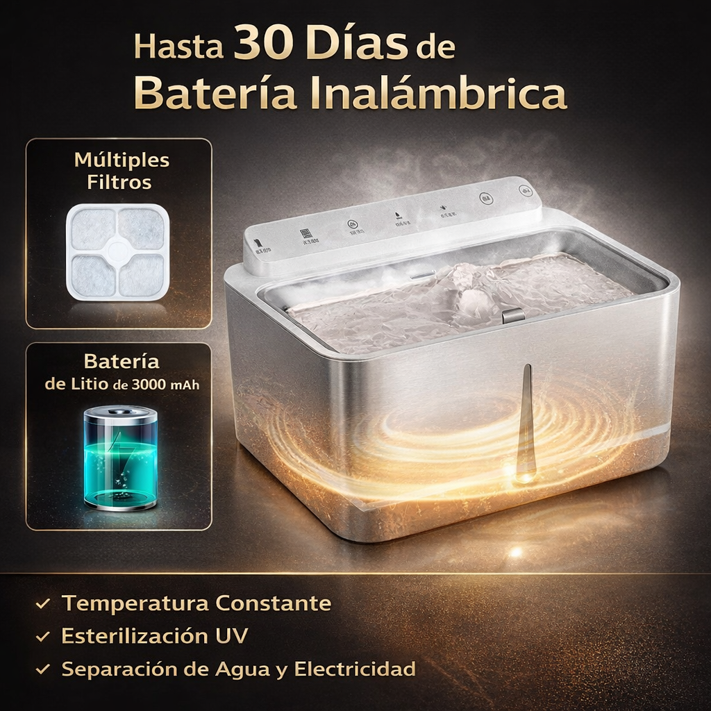Fuente inalámbrica para mascotas con hasta 30 días de batería, capacidad de 5 litros y batería de litio de 3000 mAh.