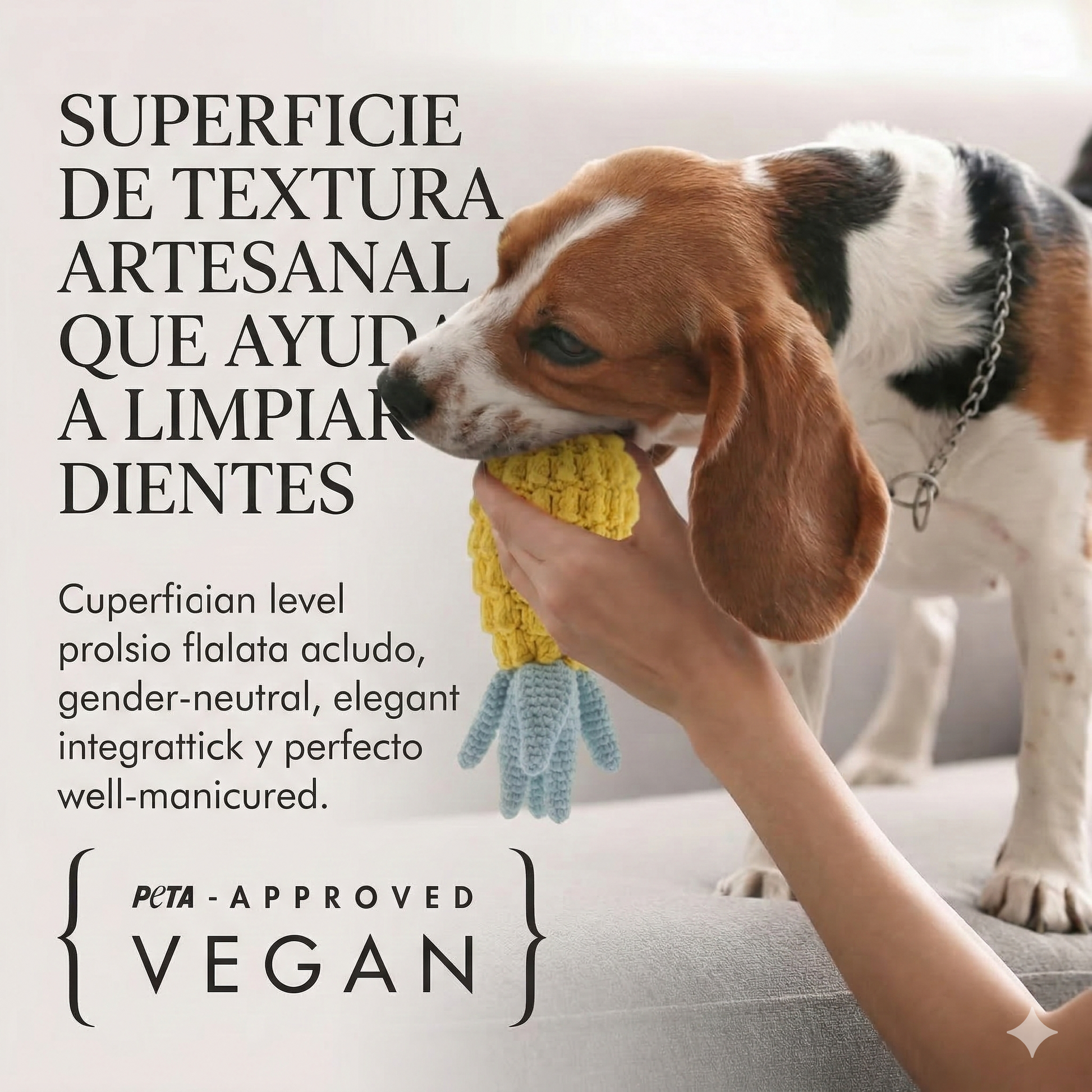 Detalle de perro Beagle mordiendo un juguete de ganchillo con una mano guiando, mostrando la textura para limpieza de dientes. Incluye texto profesional en español y el logo de PETA-Approved Vegan.