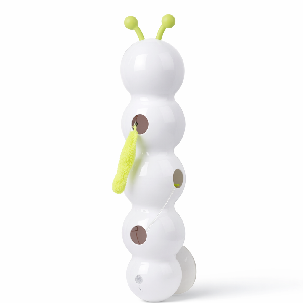 Juguete interactivo automático para gatos HuntTail Pro con sensor de movimiento, cuerpo modular blanco con cola amarilla y ventosa de fijación para superficies lisas