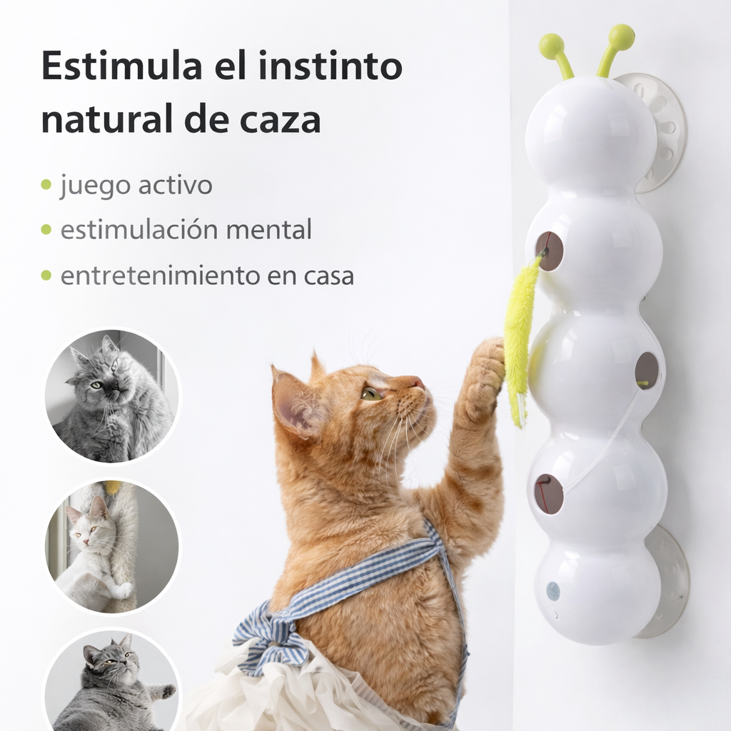 Gato jugando con el juguete interactivo HuntTail Pro que estimula el instinto natural de caza y proporciona juego activo, estimulación mental y entretenimiento en casa