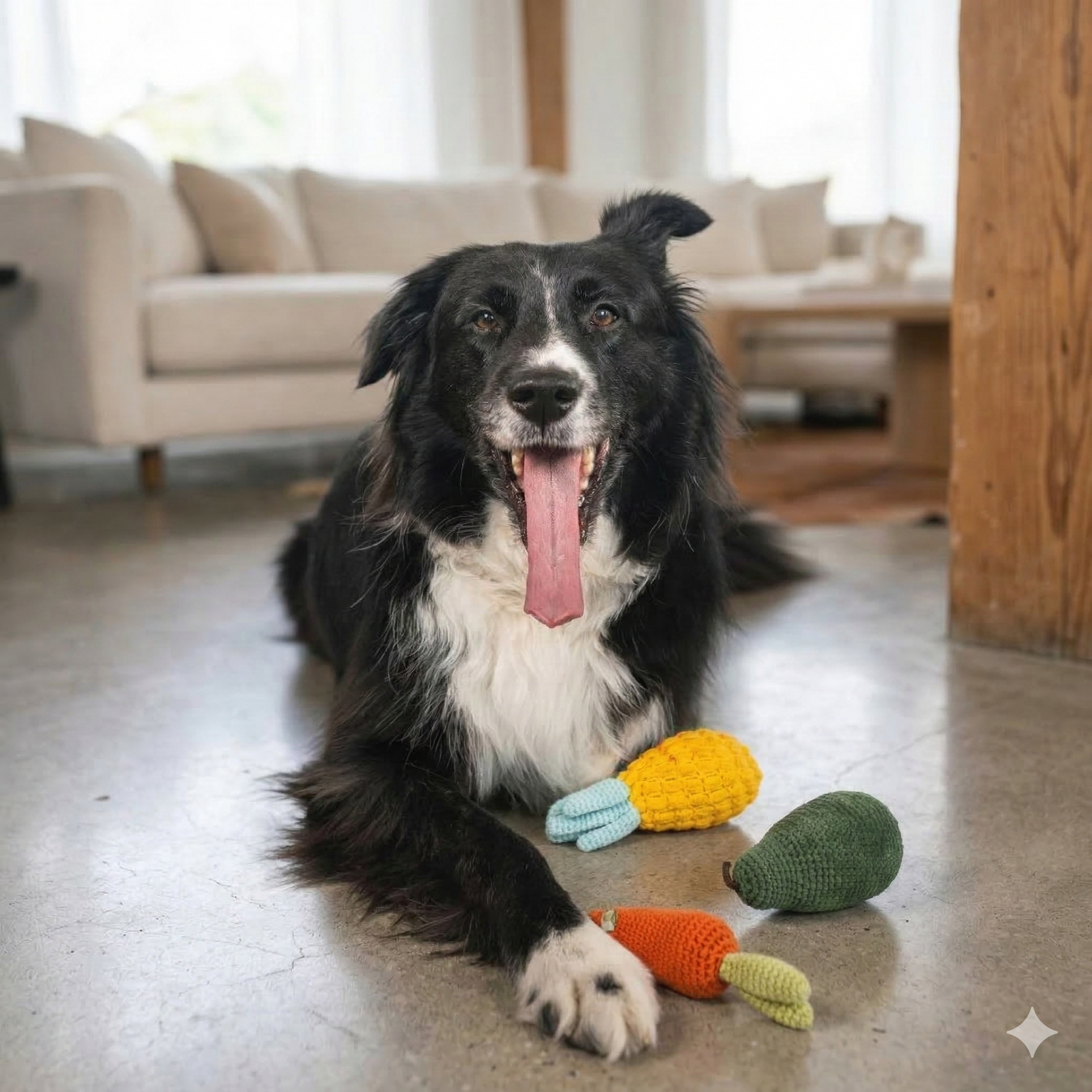 Perro feliz y sonriente rodeado de tres juguetes de ganchillo premium: zanahoria, pera y piña, en un salón moderno y luminoso.