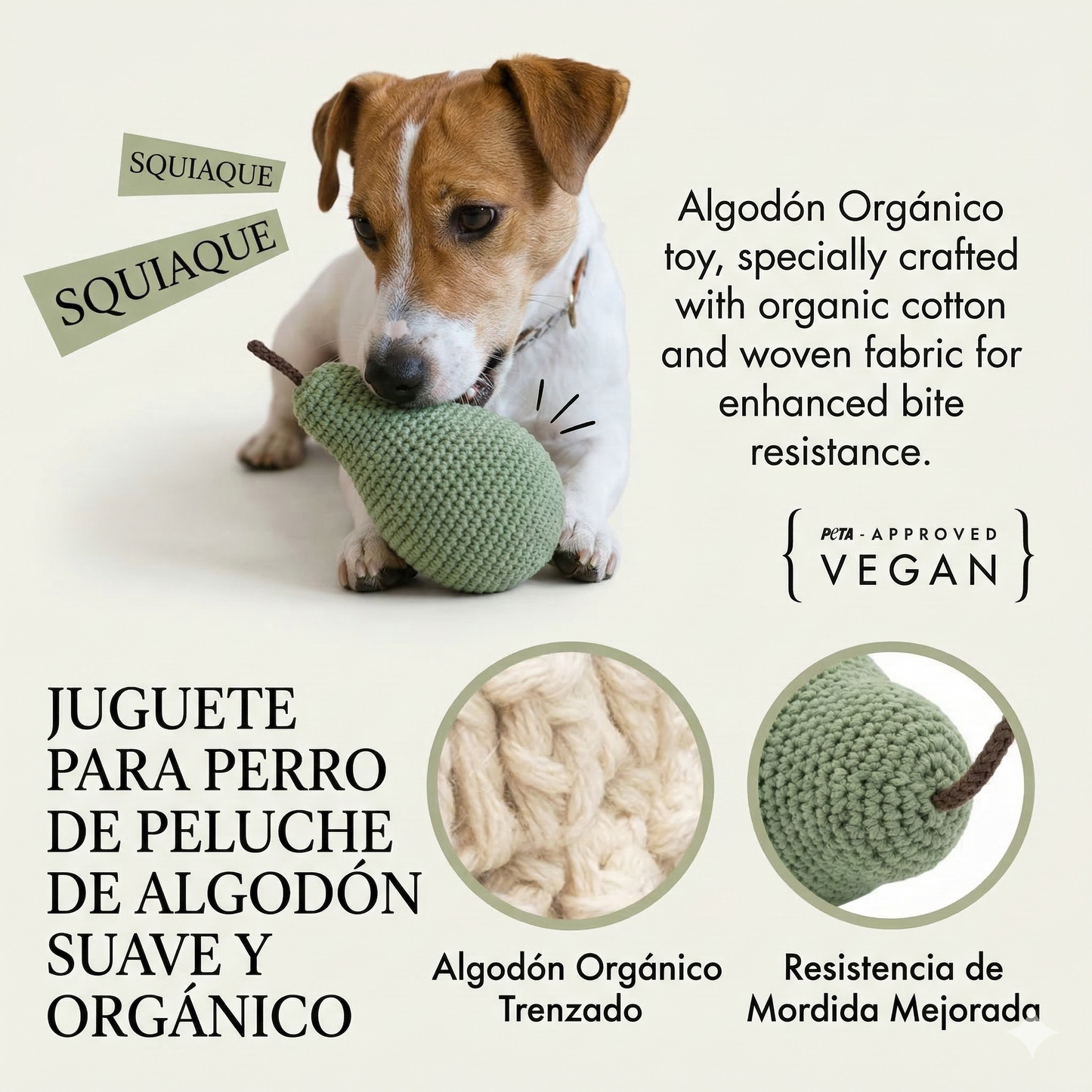 Perro Jack Russell con juguete de ganchillo de pera, con texto elegante en español y burbujas de sonido refinadas que indican "SQUIAQUE". Detalles de la textura de algodón orgánico y tejido trenzado para resistencia.