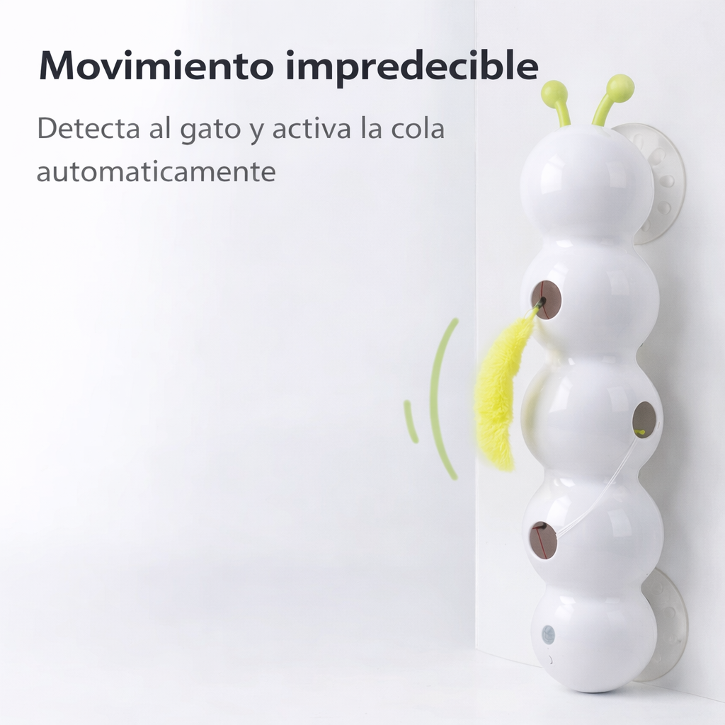 Juguete interactivo automático para gatos HuntTail Pro mostrando el movimiento dinámico de la cola amarilla que se activa cuando detecta la presencia del gato