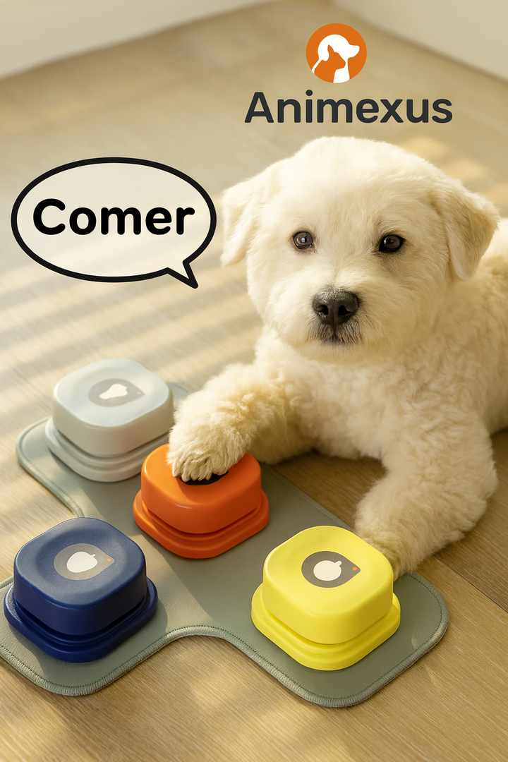 Perro comunicándose con botón parlante que dice “comer” – producto de entrenamiento inteligente para mascotas Animexus TalkConnect™