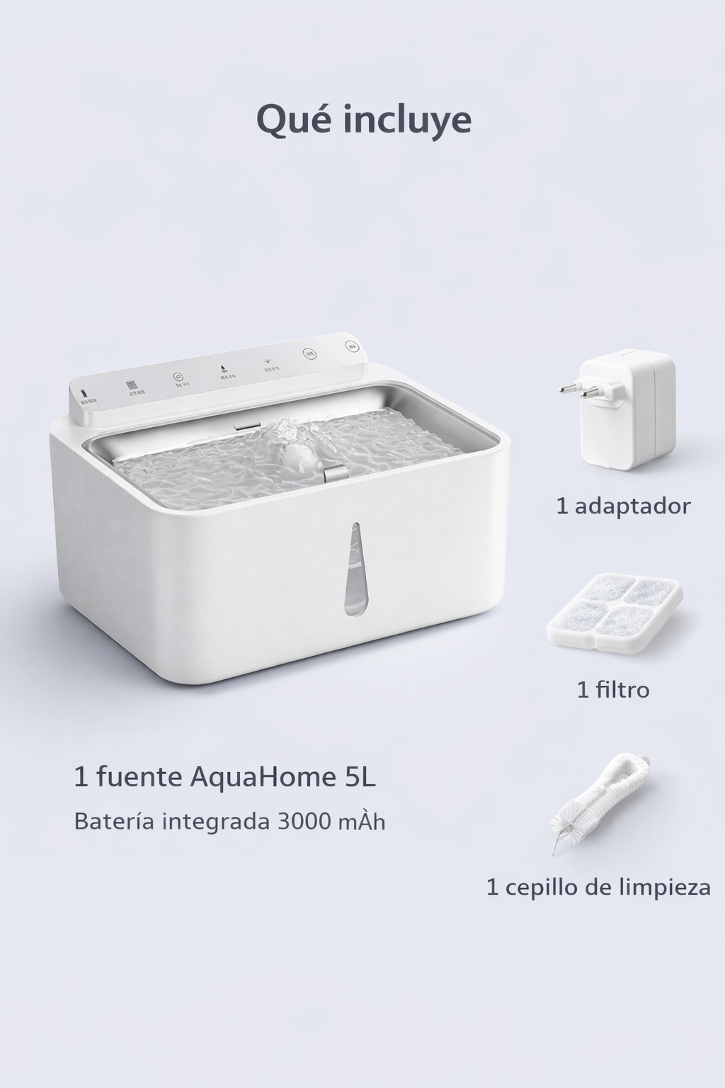 Contenido de la caja de la fuente AquaHome 5L con fuente, accesorios, filtro y componentes incluidos.