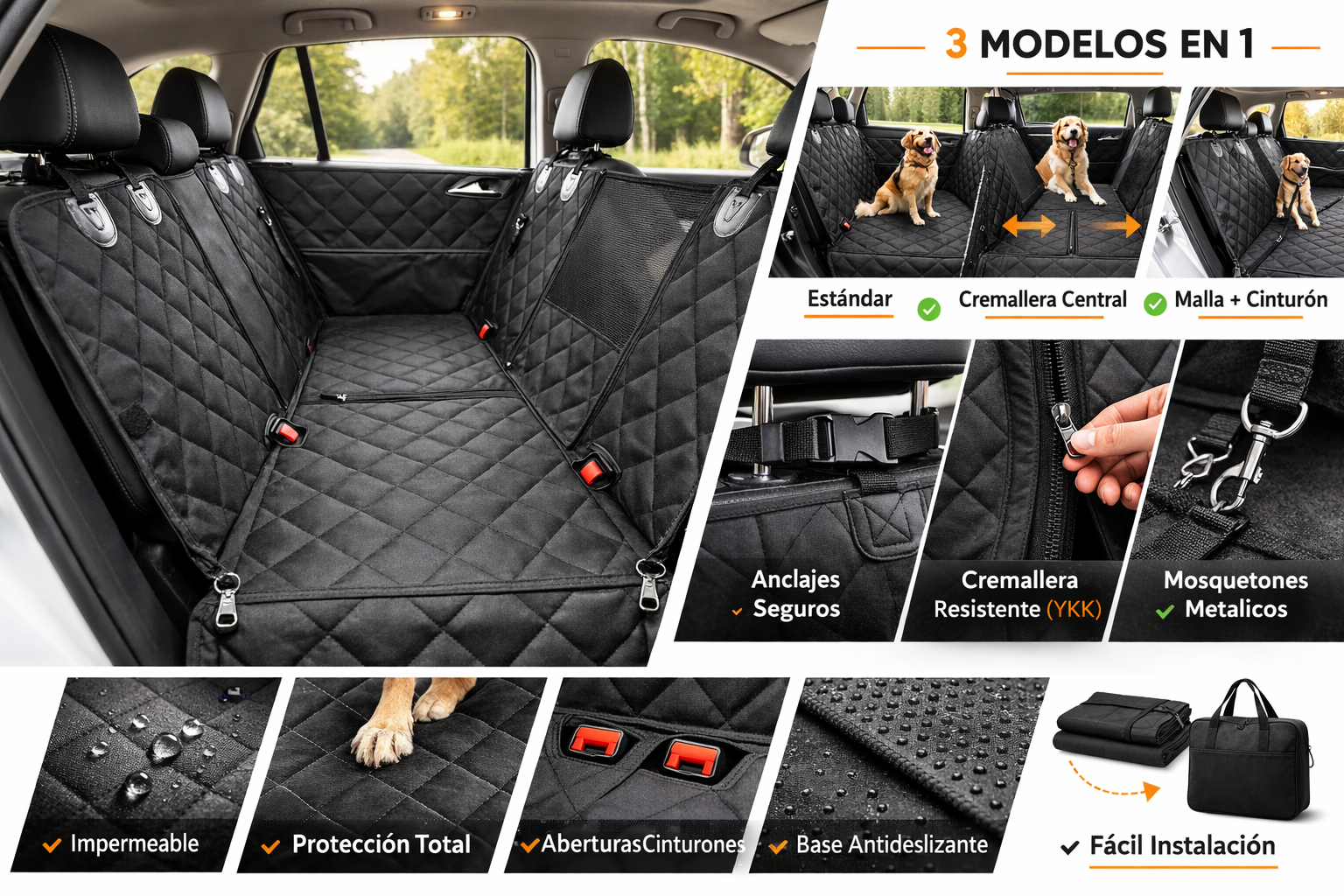 Infografía del protector de asiento RoadShield Hammock con resumen de modelos y detalles de instalación