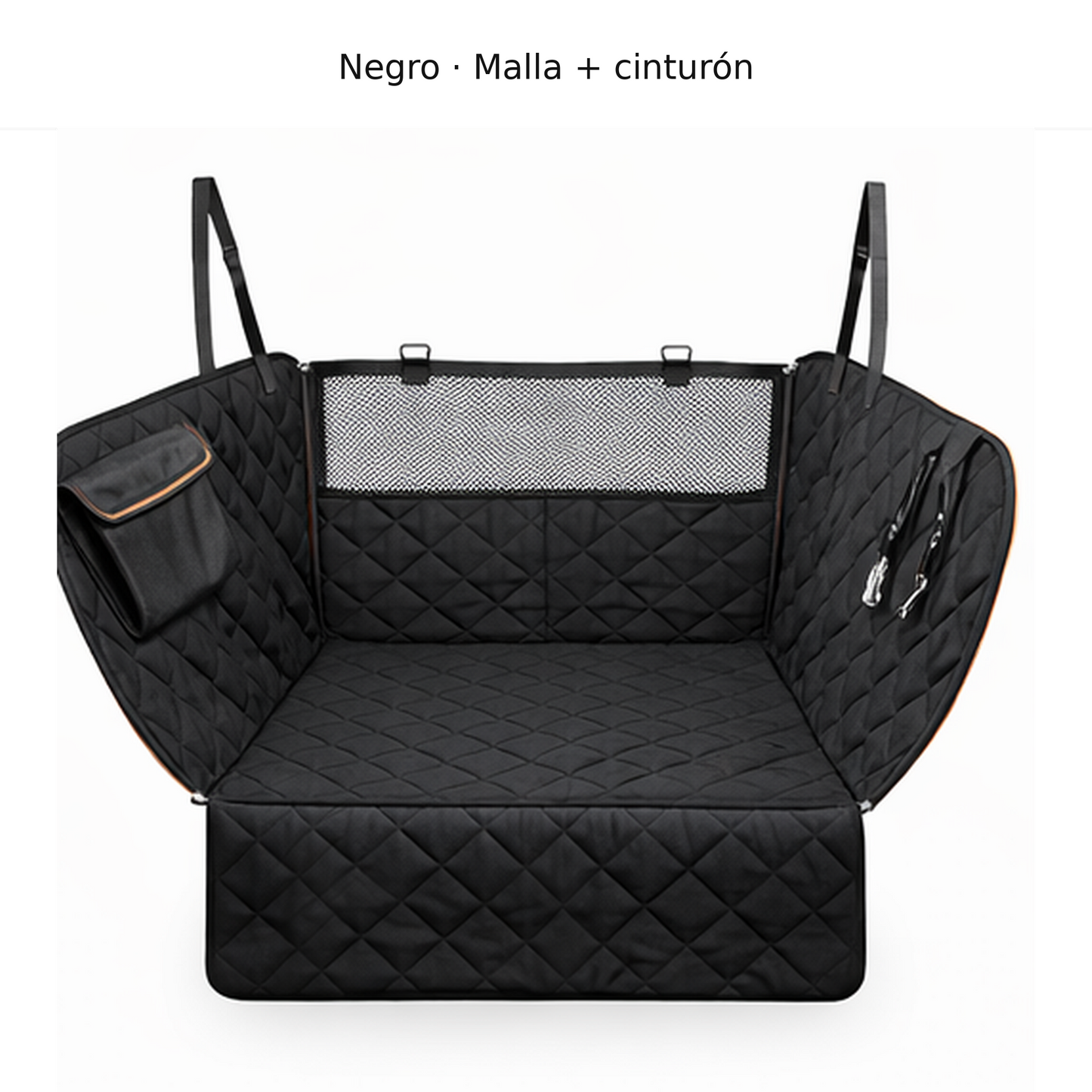 Protector de asiento trasero para coche tipo hamaca, variante Negro con ventana de malla y correa auxiliar