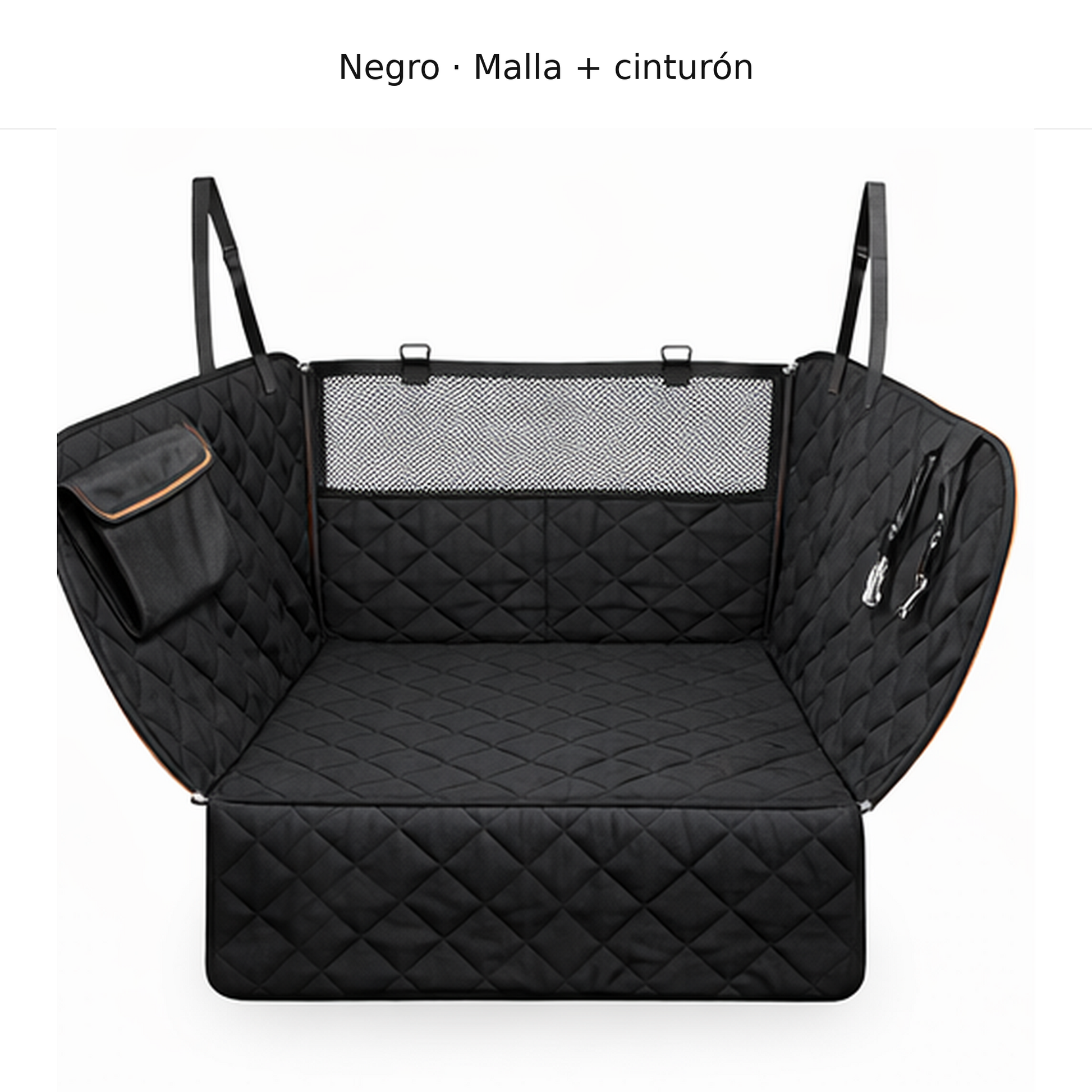 Protector de asiento trasero para coche tipo hamaca, variante Negro con ventana de malla y correa auxiliar