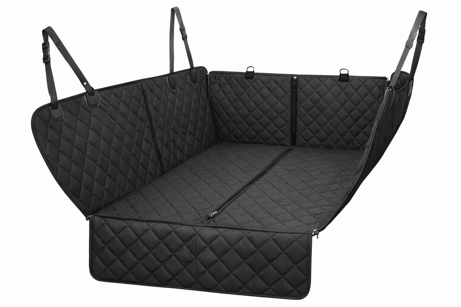 Protector de asiento trasero para coche tipo hamaca en negro con laterales elevados y superficie acolchada