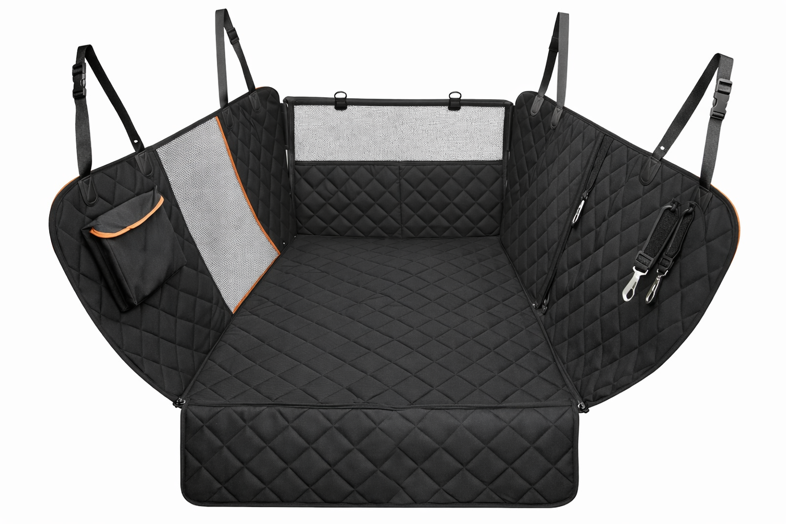 Vista del protector de asiento trasero tipo hamaca para coche en negro con ventana de malla y bolsillo (según modelo)