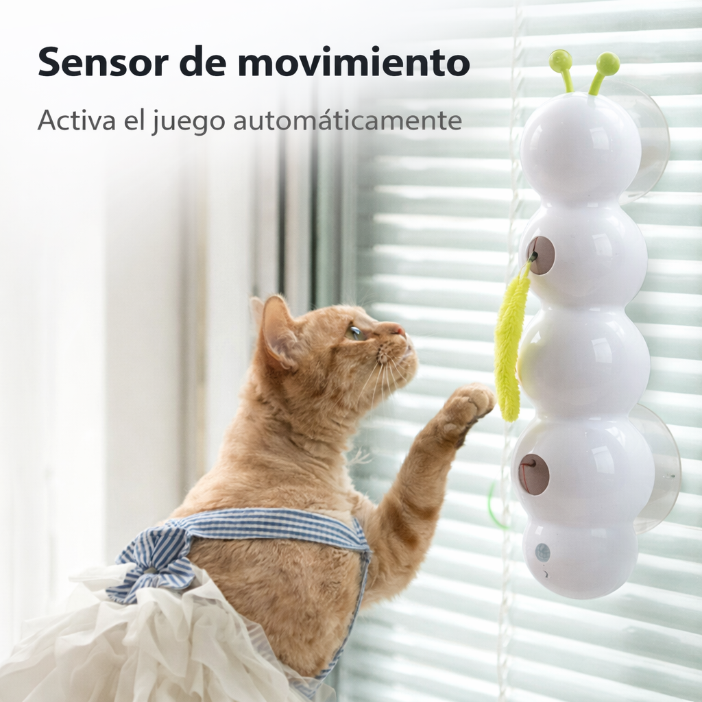 Gato interactuando con el juguete HuntTail Pro fijado a una ventana, activado por sensor de movimiento que inicia el juego automáticamente cuando el gato se acerca