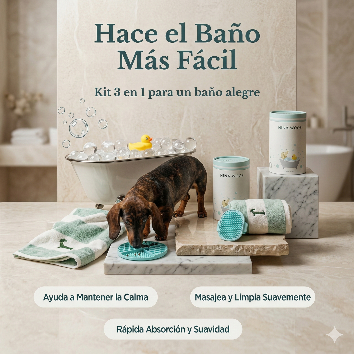 Perro salchicha usando la alfombrilla relajante junto a una bañera. Muestra los tres pasos del kit: ayuda a mantener la calma, masajea y limpia suavemente, y ofrece rápida absorción.