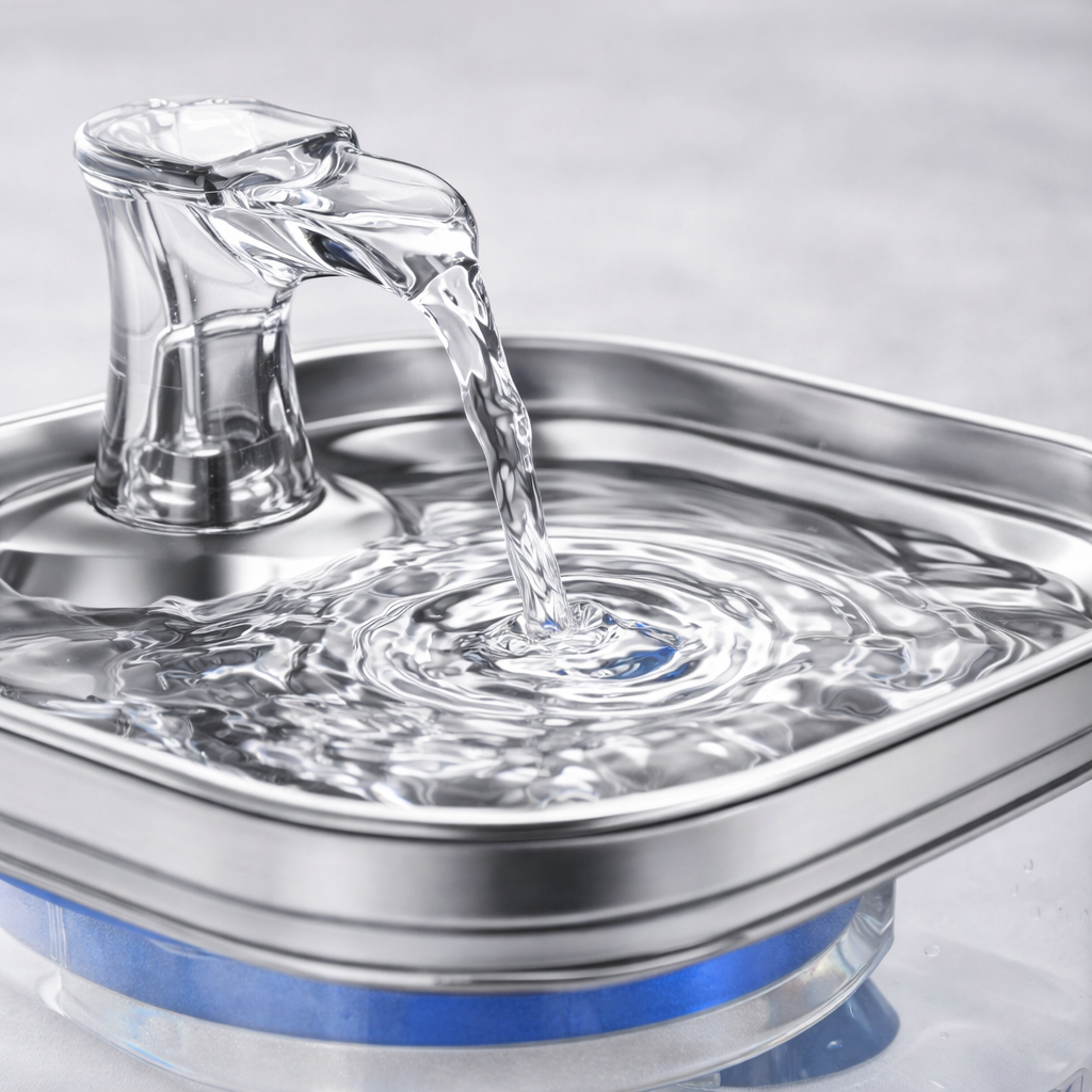 Detalle del flujo de agua y bandeja de acero inoxidable en la fuente SmartFlow+