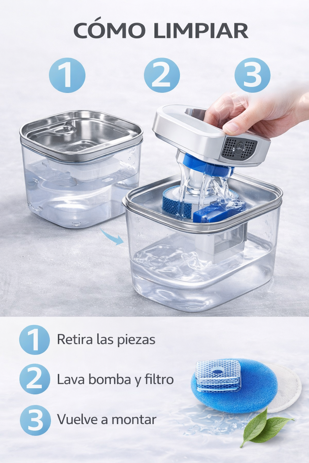 Cómo limpiar SmartFlow+ en 3 pasos: retira piezas, lava bomba y filtro, vuelve a montar