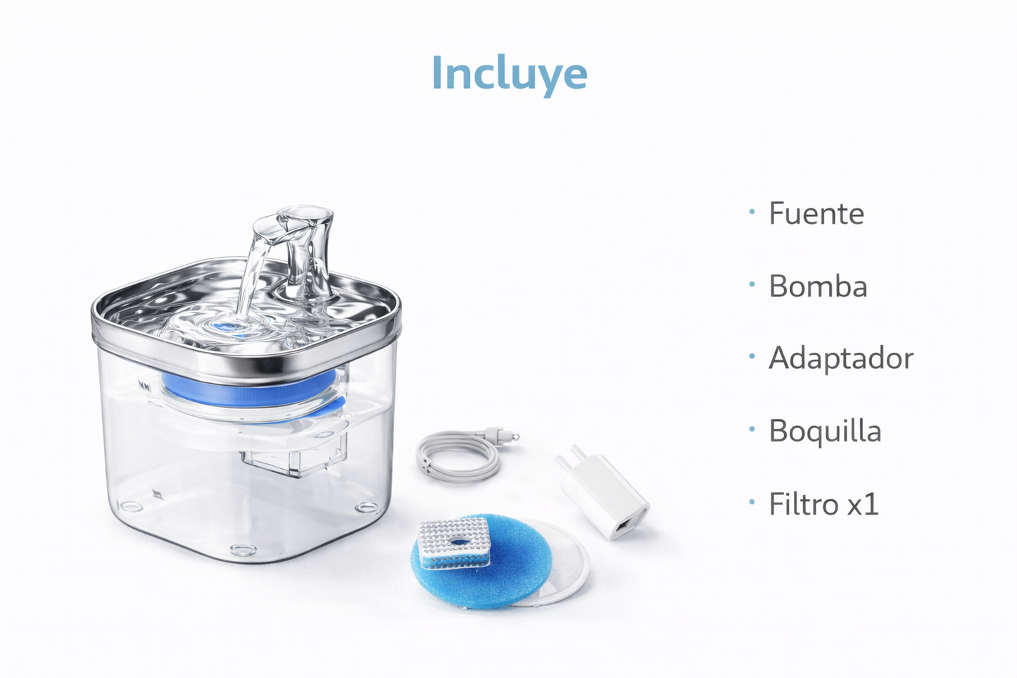 Contenido del paquete SmartFlow+: fuente, bomba, adaptador, boquilla y filtro