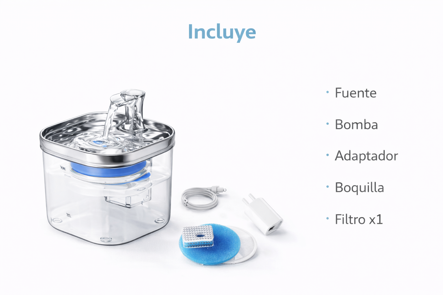 Contenido del paquete SmartFlow+: fuente, bomba, adaptador, boquilla y filtro