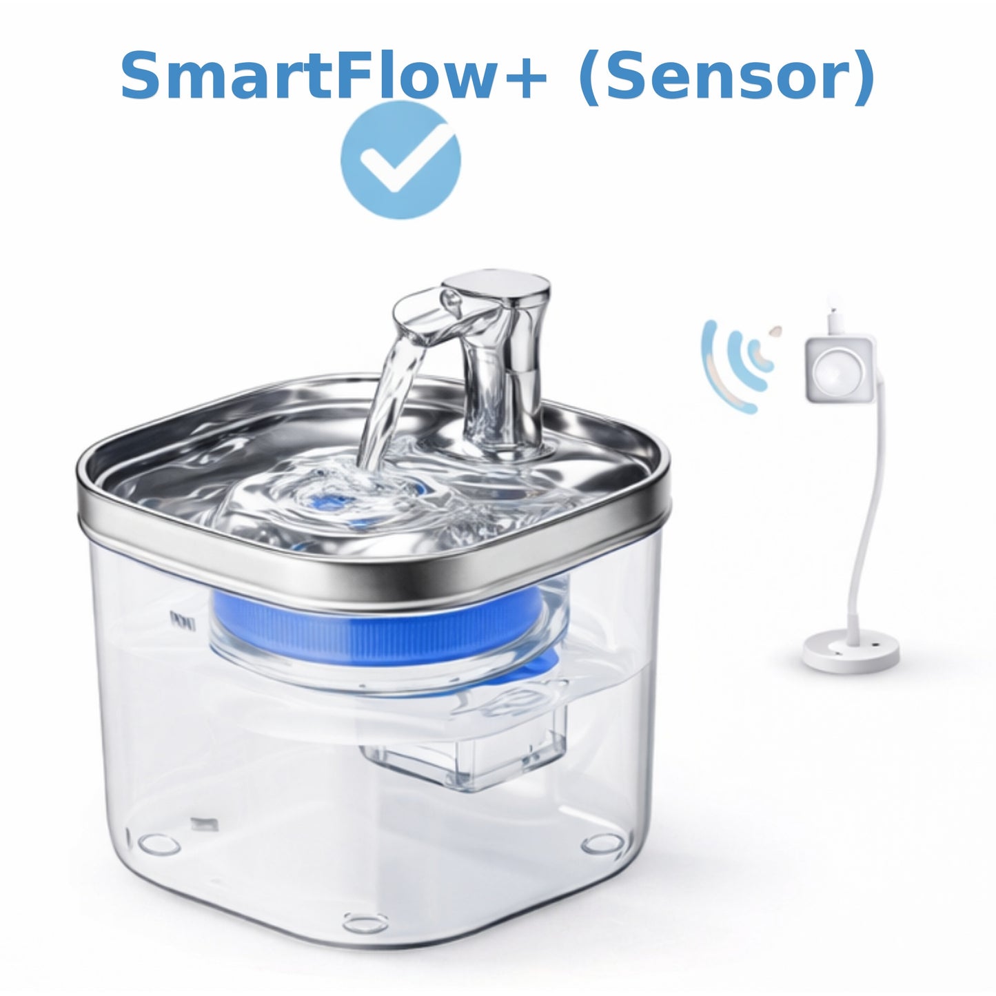 SmartFlow+ (sensor) fuente automática 2 L con bandeja de acero inoxidable 304 y sensor de proximidad para gatos y perros