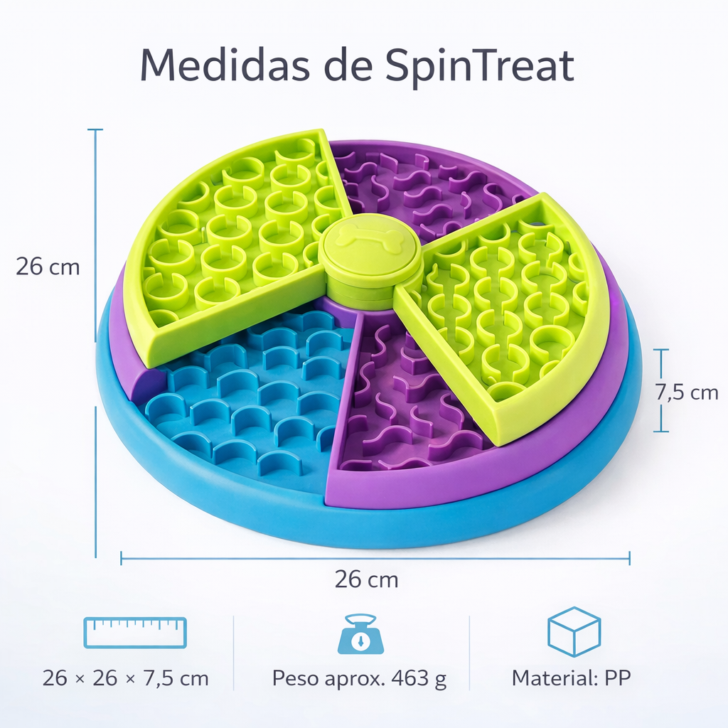 SpinTreat: medidas 26 × 26 × 7,5 cm, peso aproximado de 463 g y material PP