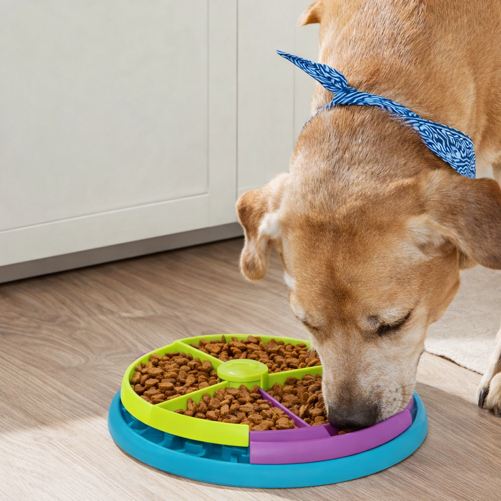 Perro utilizando SpinTreat en interior con croquetas