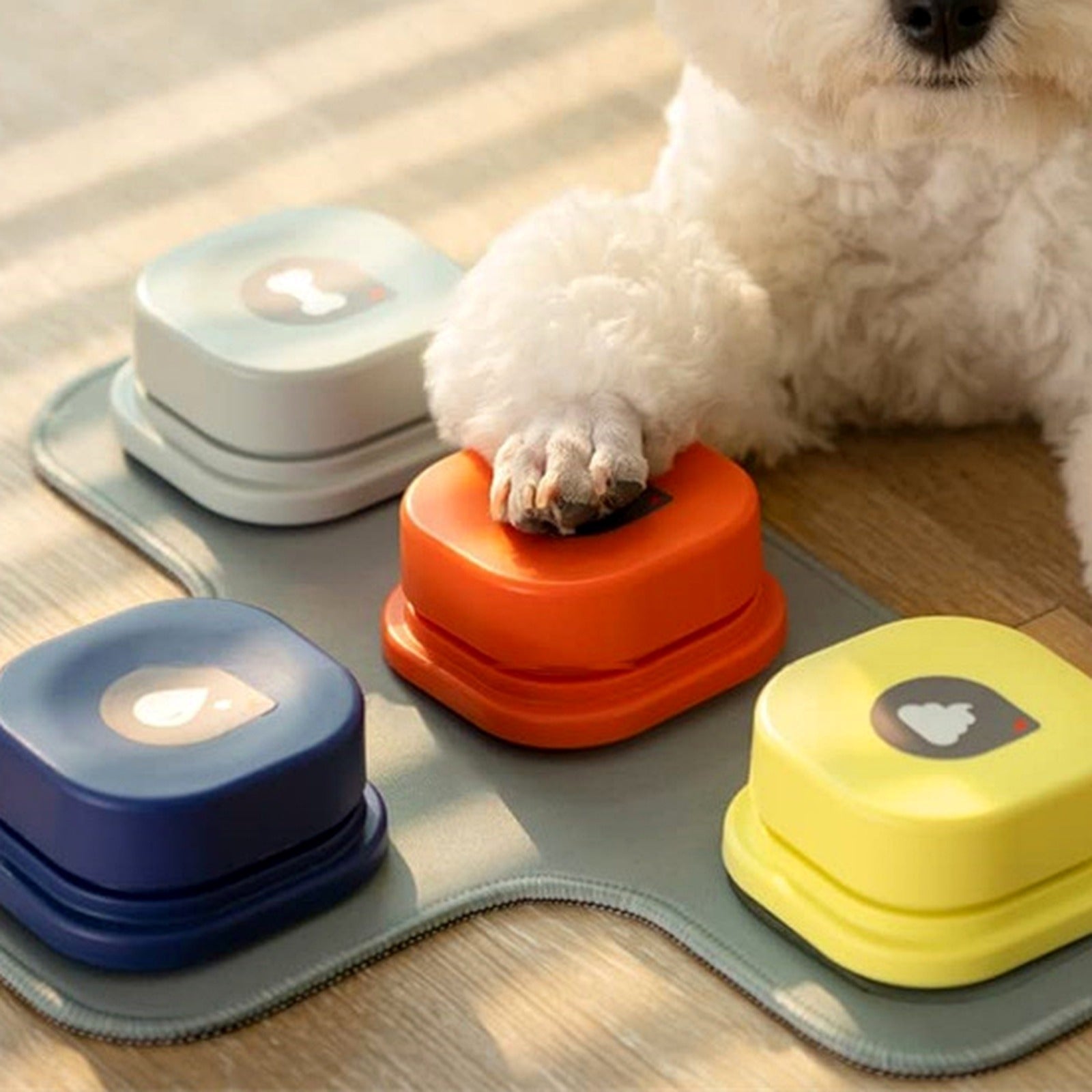 Pata de perro pulsando un botón grabable TalkConnect en la alfombrilla