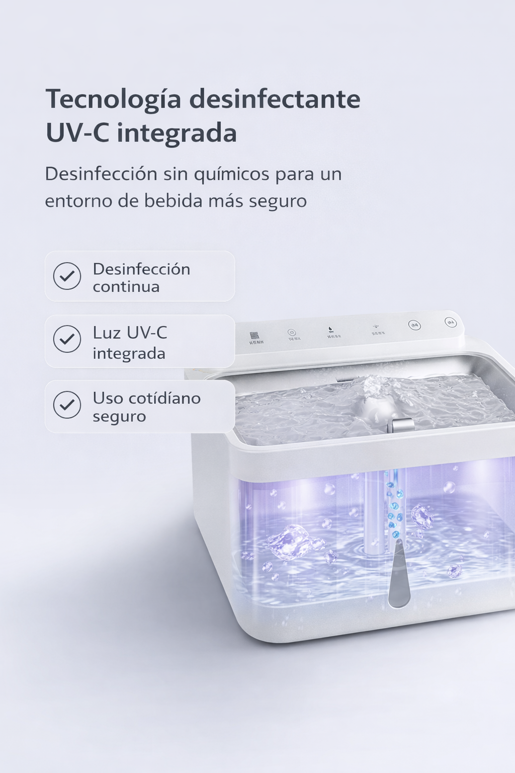 Imagen tecnica de la fuente con sistema UV-C integrado para reforzar la higiene y desinfección del agua