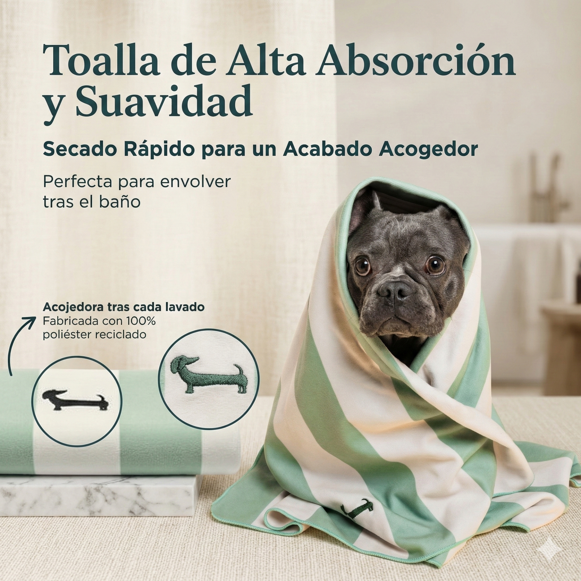 Perro envuelto cómodamente en la toalla de baño a rayas verdes y blancas. Destaca el diseño de poliéster reciclado de tacto suave y el bordado premium en forma de perro.