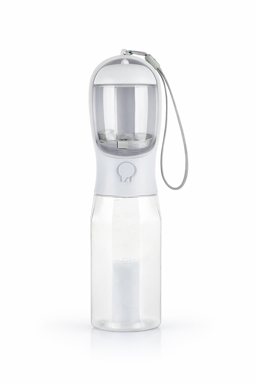 TravelBottle 3-en-1 blanca sobre fondo limpio con compartimento superior para snacks y depósito de agua