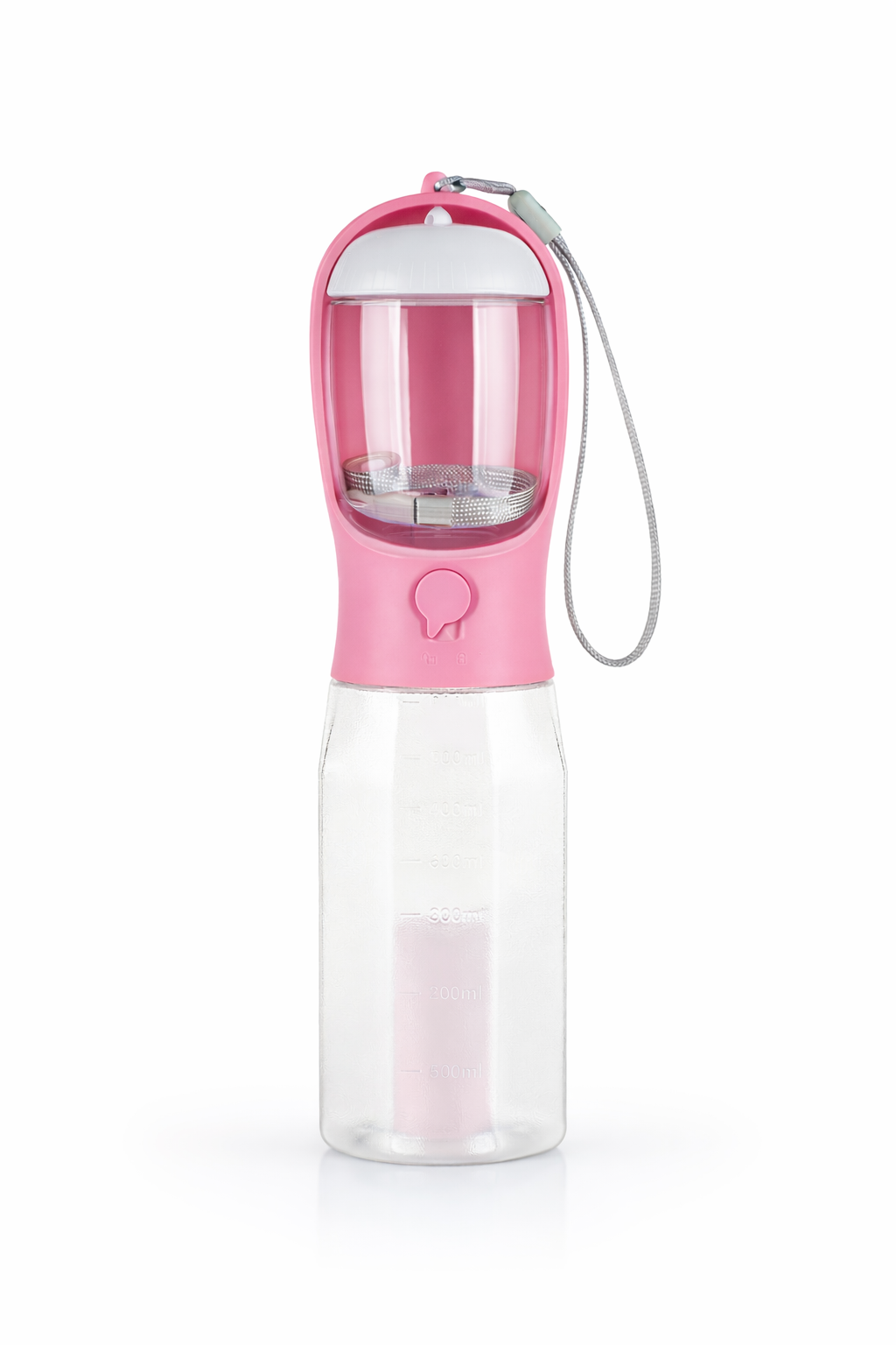 TravelBottle 3-en-1 rosa sobre fondo limpio con compartimento superior para snacks y depósito de agua