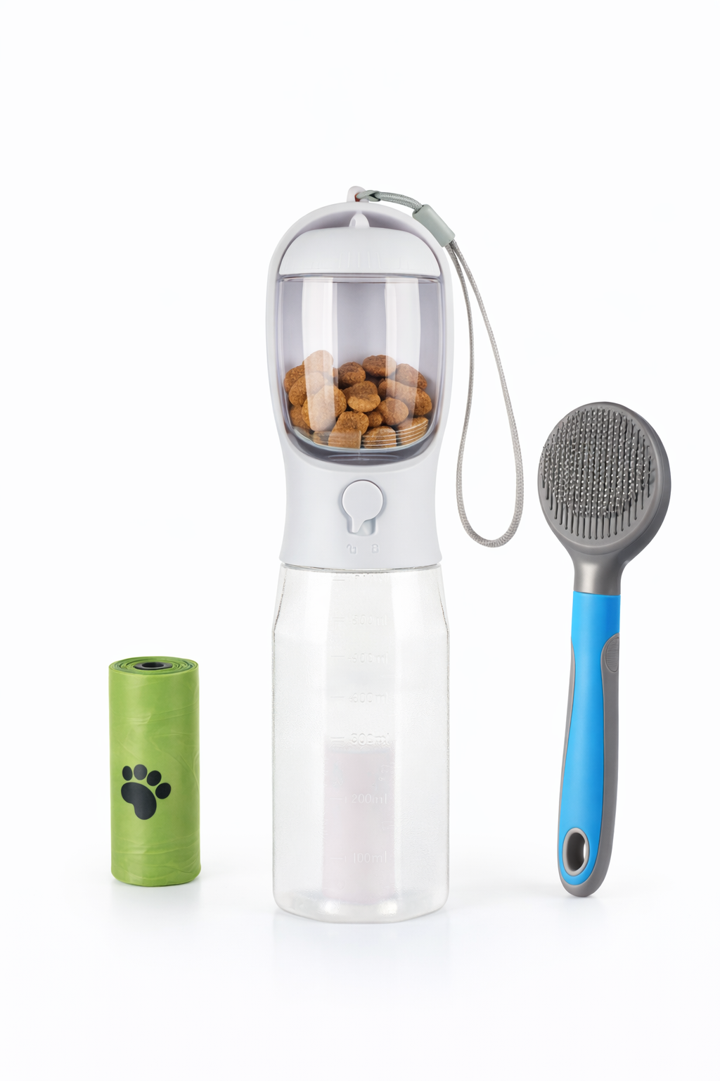 Set completo TravelBottle 3-en-1 blanco con cepillo y rollo de bolsas sobre fondo limpio