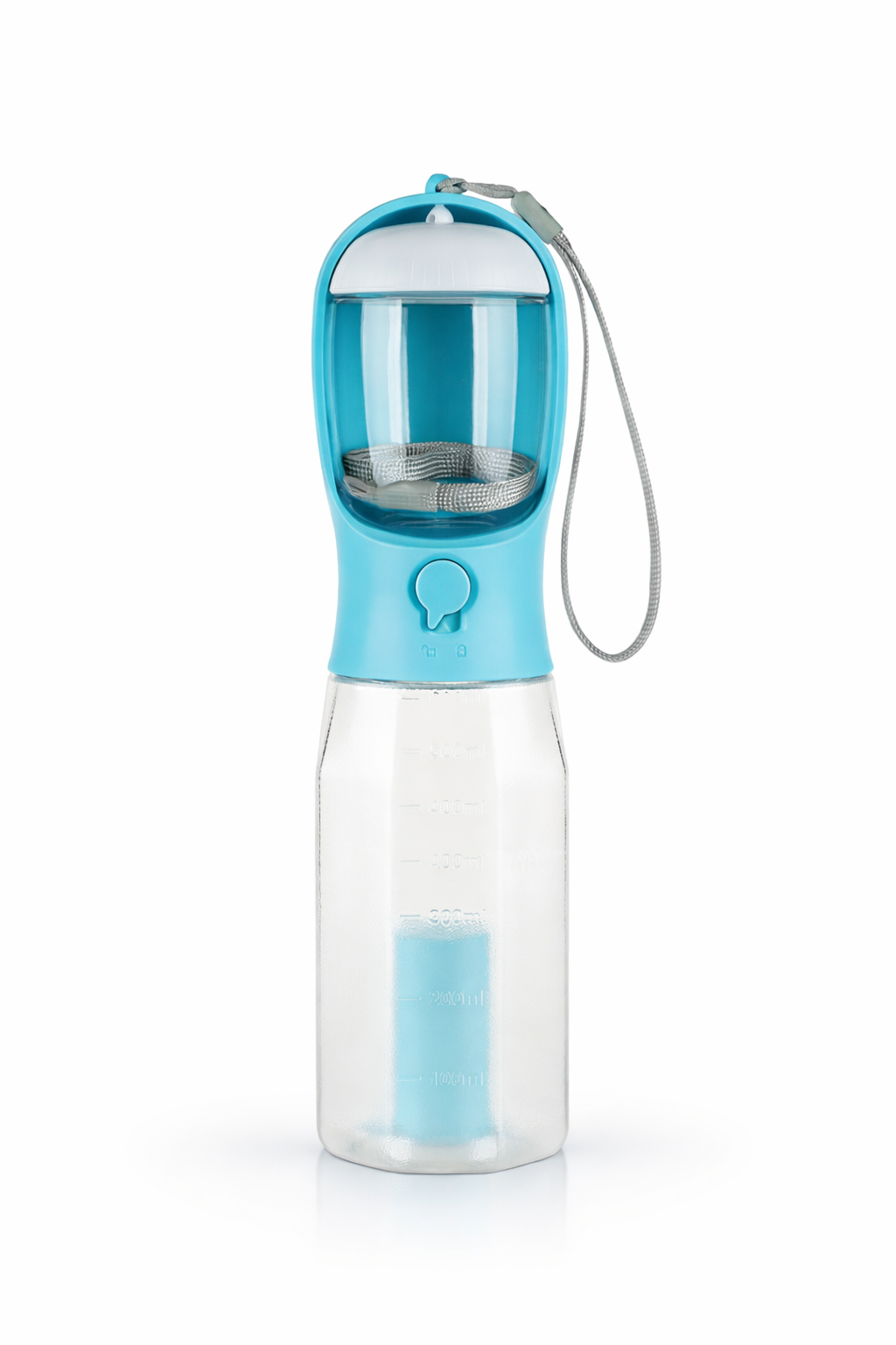 TravelBottle 3-en-1 turquesa sobre fondo limpio con depósito de agua y compartimento superior para snacks