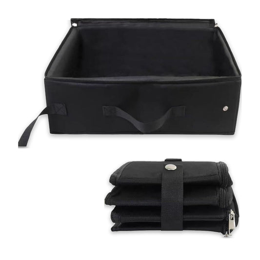 TravelBox, arenero plegable para gatos en color negro (abierto y plegado), pensado para viajes y estancias puntuales.