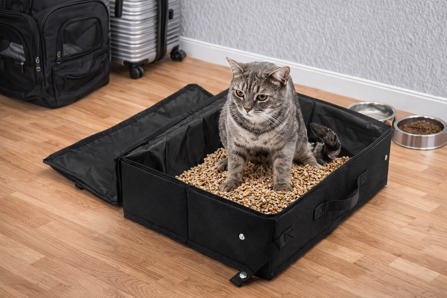 TravelBox en uso como arenero portátil para gatos, con arena y formato plegable sobre suelo interior.