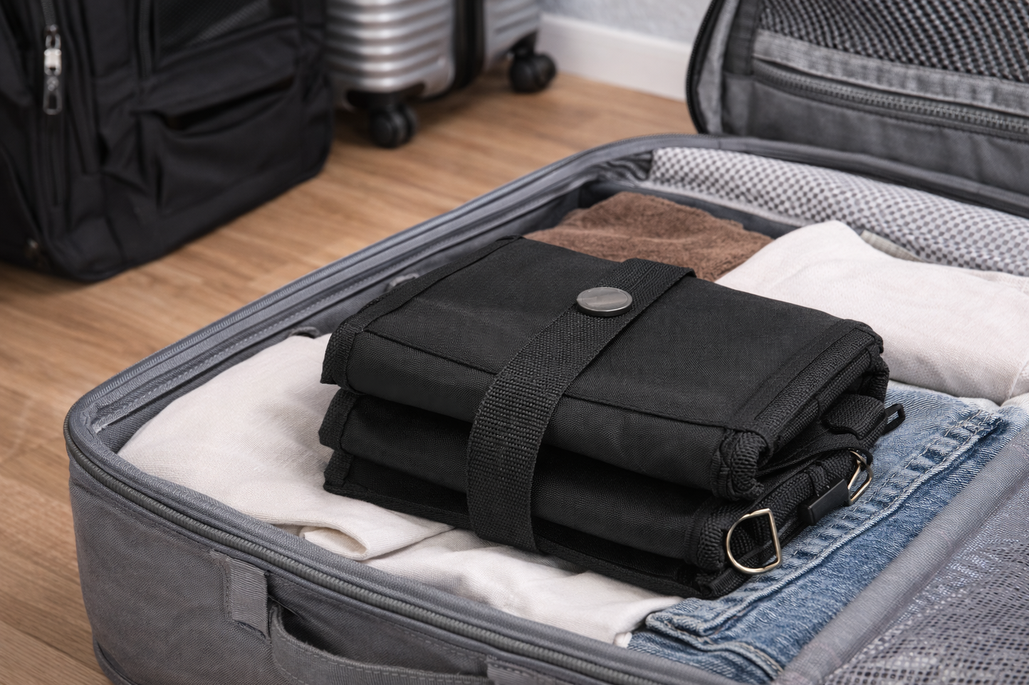 TravelBox plegado en una maleta, formato compacto para transportar durante viajes o desplazamientos.
