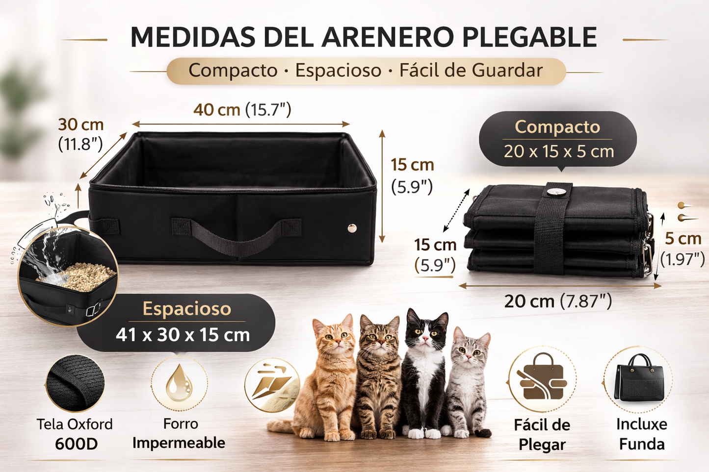 Medidas del TravelBox abierto y plegado: 40 × 30 × 15 cm y 20 × 15 × 5 cm (aprox.).