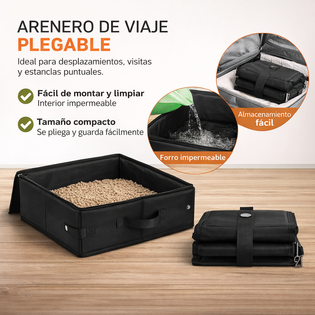 Resumen visual de TravelBox: arenero de viaje plegable para gatos, compacto y fácil de montar y guardar.