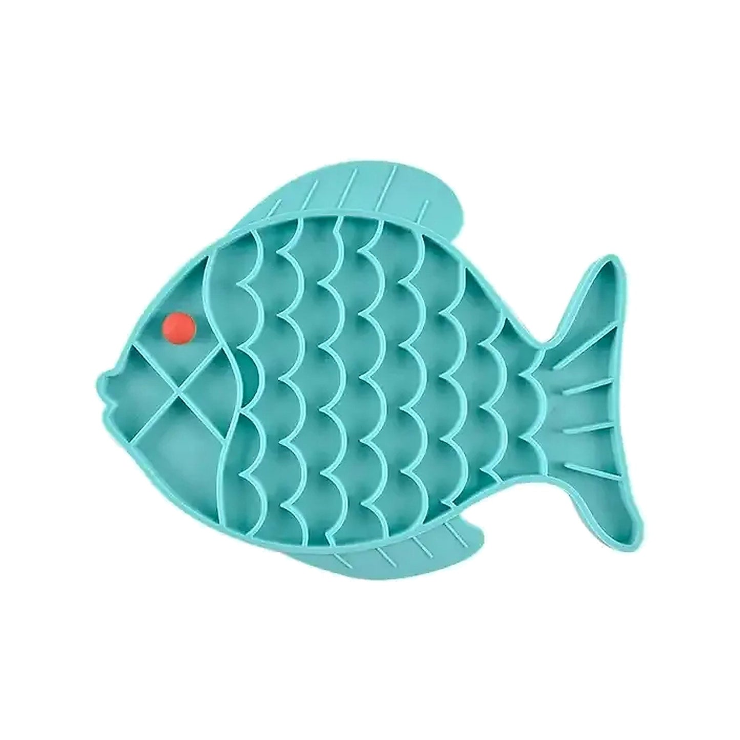 Alfombrilla para lamer de silicona en forma de pez, color azul, vista superior.