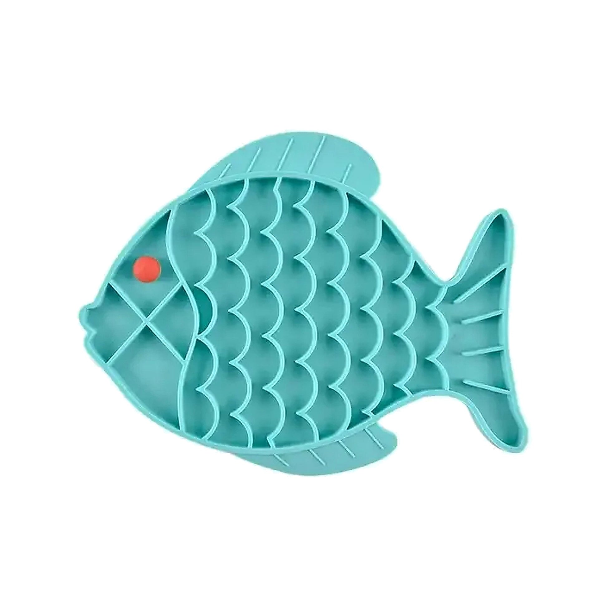Alfombrilla para lamer de silicona en forma de pez, color azul, vista superior.