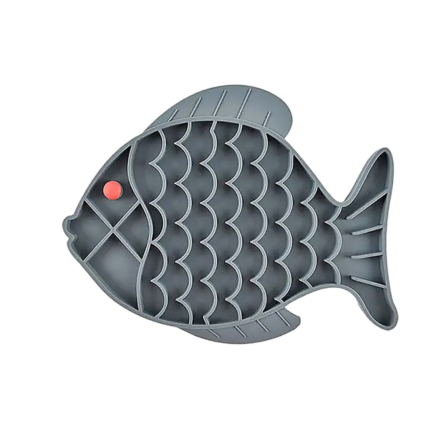 Alfombrilla para lamer de silicona en forma de pez, color gris, vista superior.
