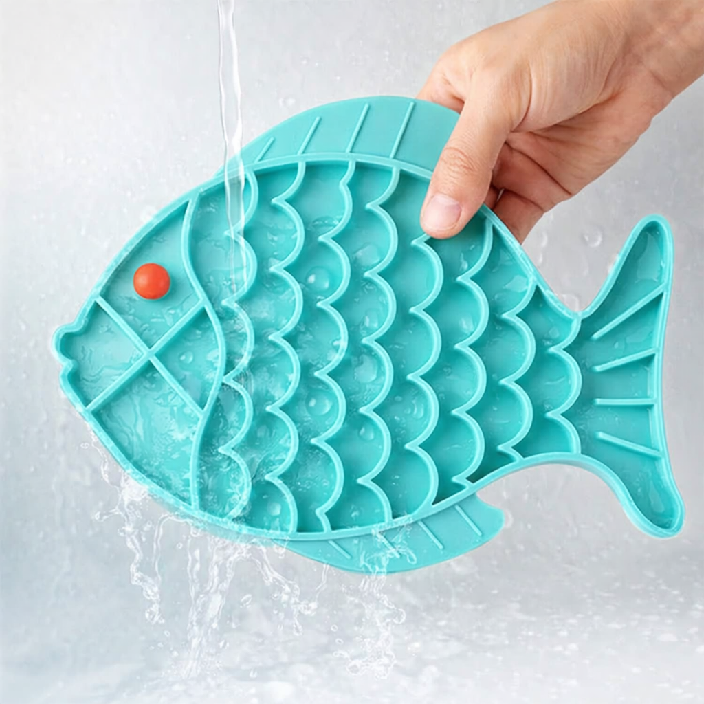 Alfombrilla para lamer de silicona lavándose bajo el grifo, detalle de limpieza.