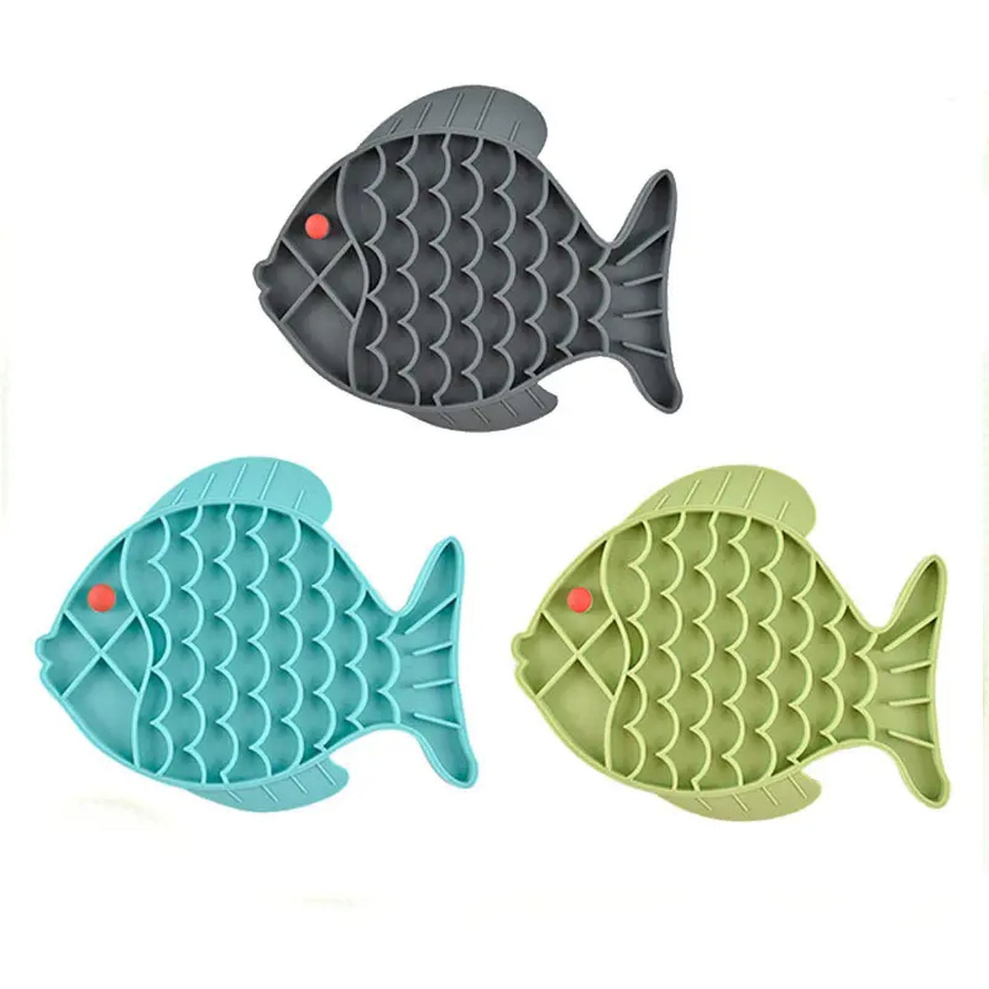 Pack de 3 alfombrillas para lamer de silicona (azul, gris y verde), vista superior.