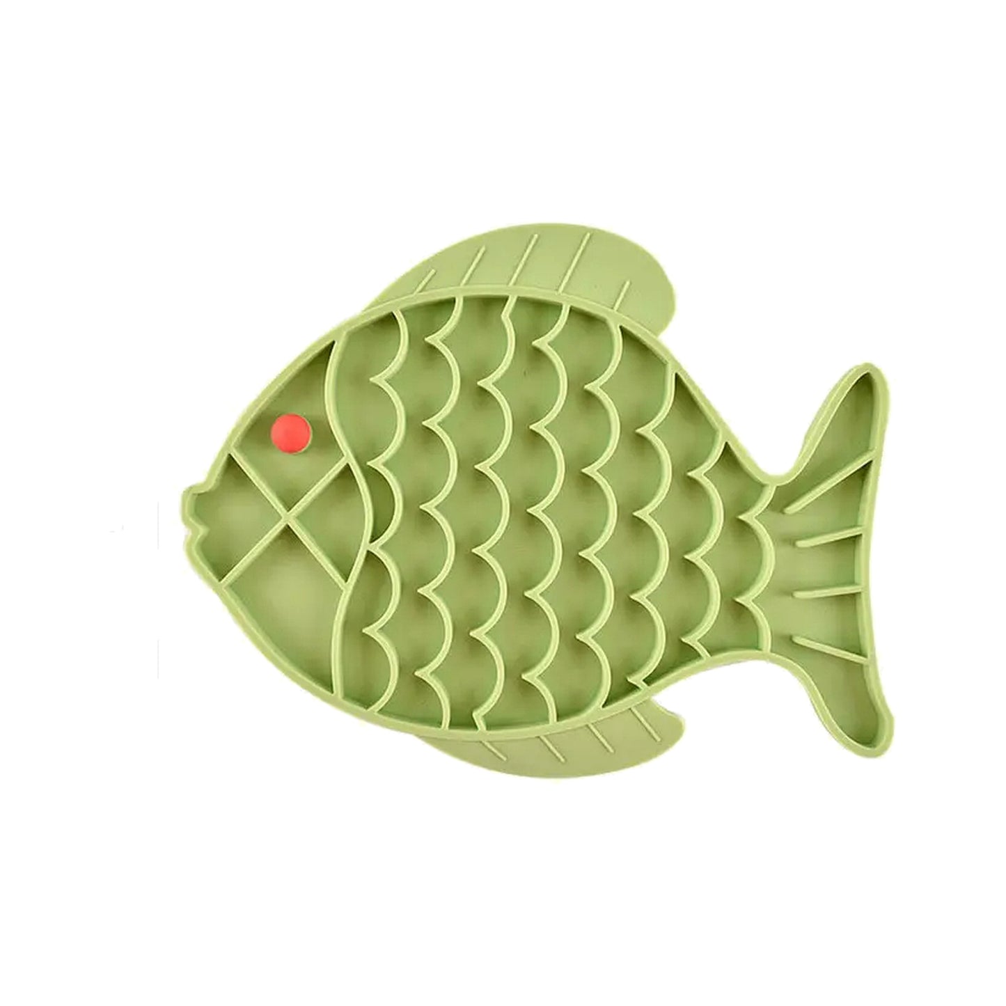 Alfombrilla para lamer de silicona en forma de pez, color verde, vista superior.