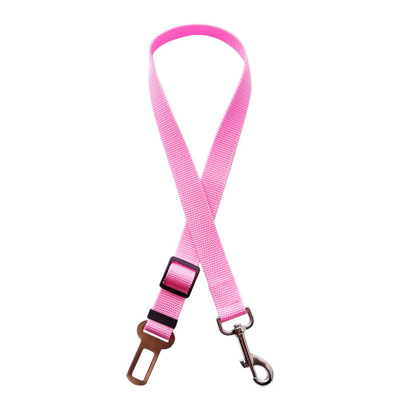 Cinturón de sujeción ajustable para perro en coche en color rosa, con mosquetón metálico y clip para hebilla del cinturón.