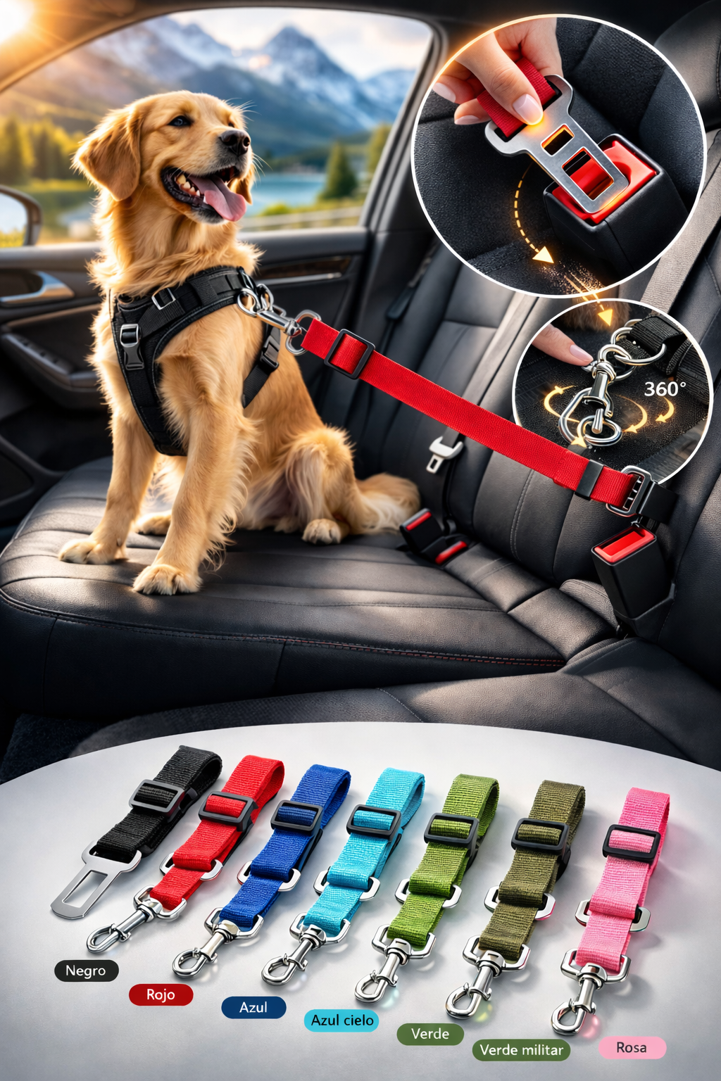 Perro con arnés y cinturón de sujeción ajustable en el asiento trasero, con detalle del enganche a la hebilla del cinturón y mosquetón giratorio.