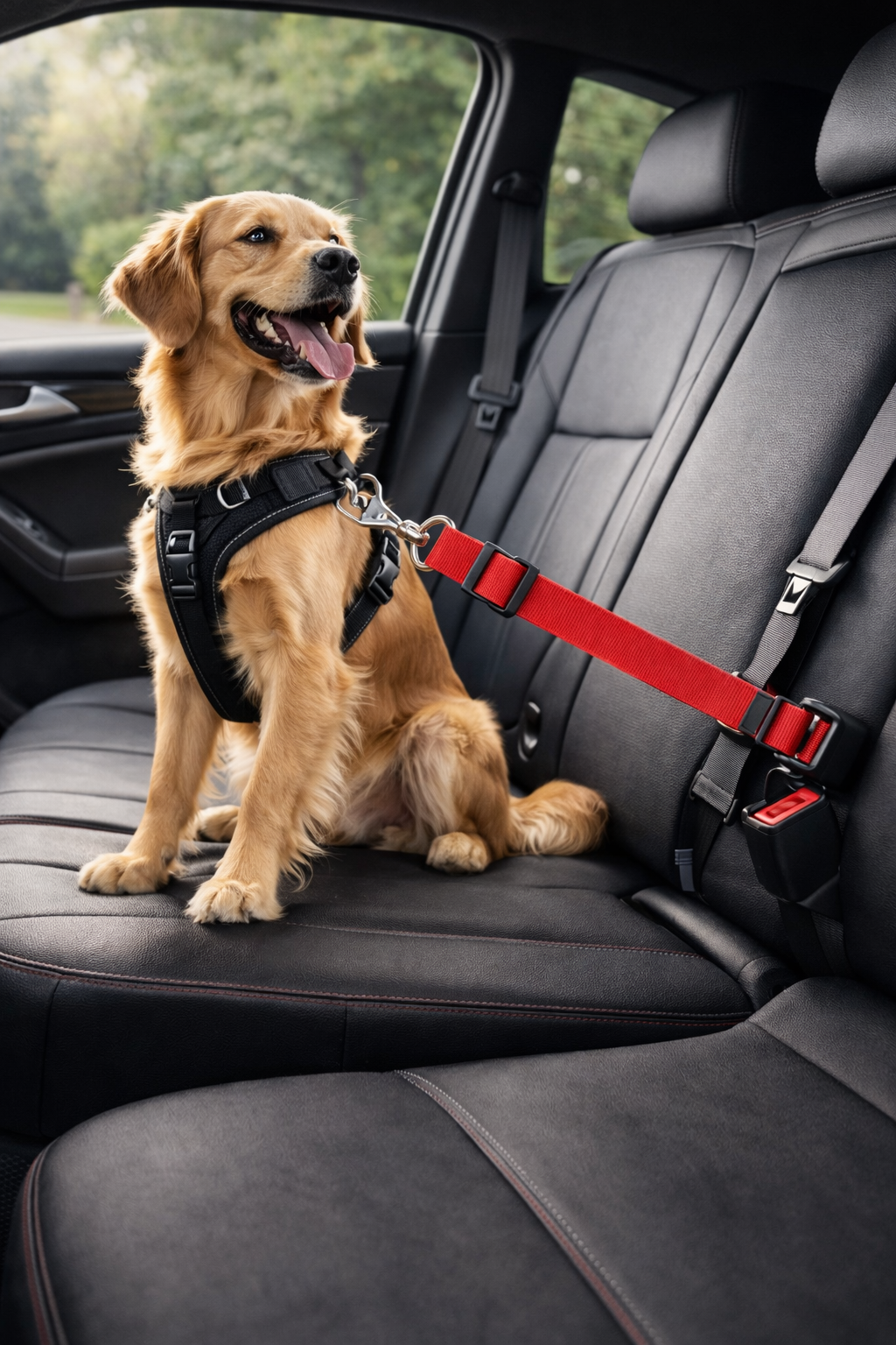 Perro con arnés sujeto con cinturón de sujeción ajustable en el asiento trasero del coche, con anclaje al cierre del cinturón.