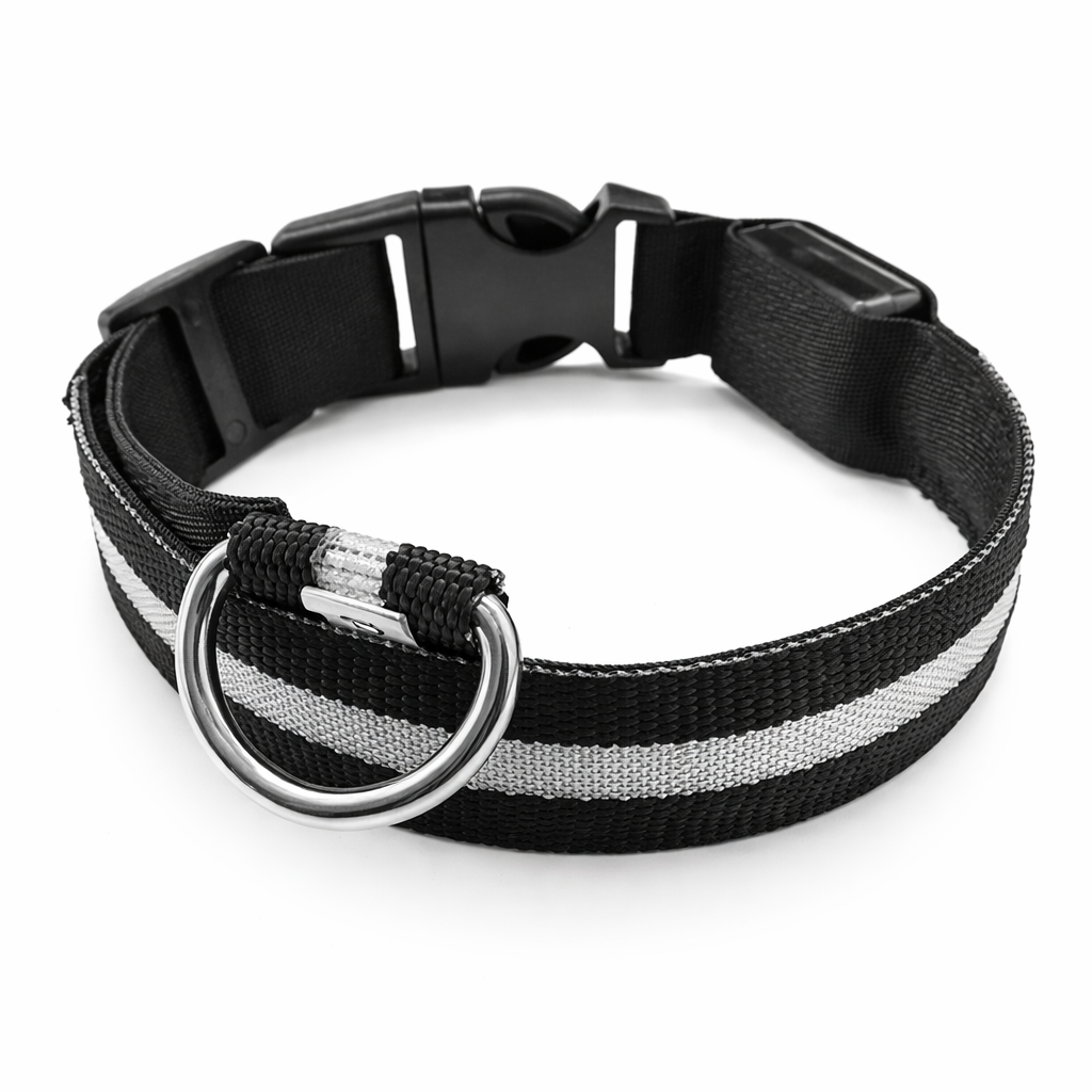Collar LED recargable USB para perro de nailon en color negro — detalle del cierre y la anilla sobre fondo blanco.