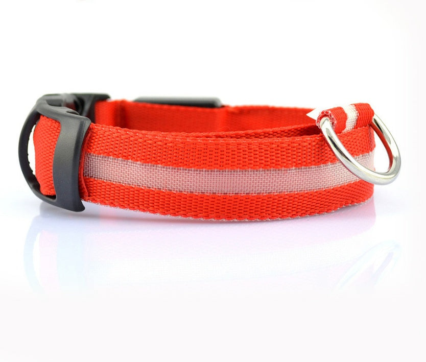 Collar LED recargable USB para perro de nailon en color rojo — detalle del cierre y la anilla sobre fondo blanco.