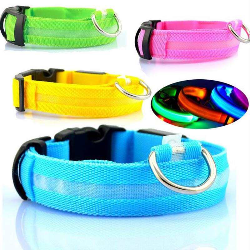 Collar LED recargable USB para perro de nailon — vista de colores disponibles en fondo blanco